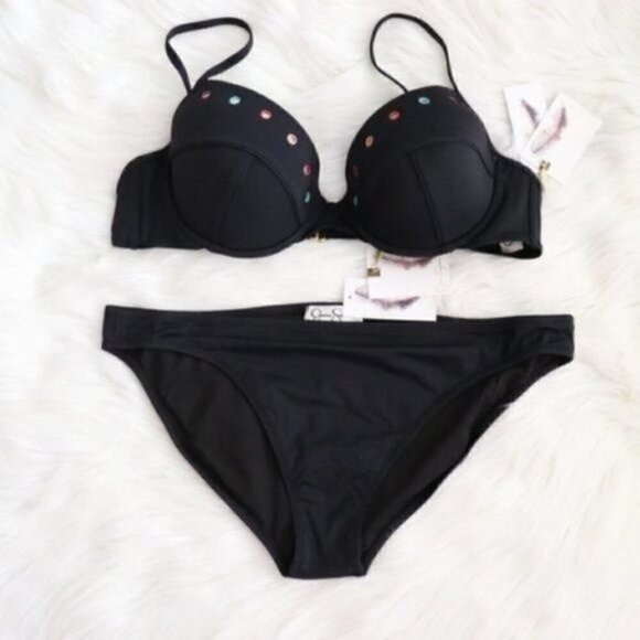 NWT Jessica Simpson Black Bralette Sexy Bikini Set Size Medium Bathing Suit - Picture 1 of 10